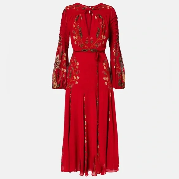 NWT Farm Rio red berry garden long sleeve pleated maxi dress - Picture 2 of 10